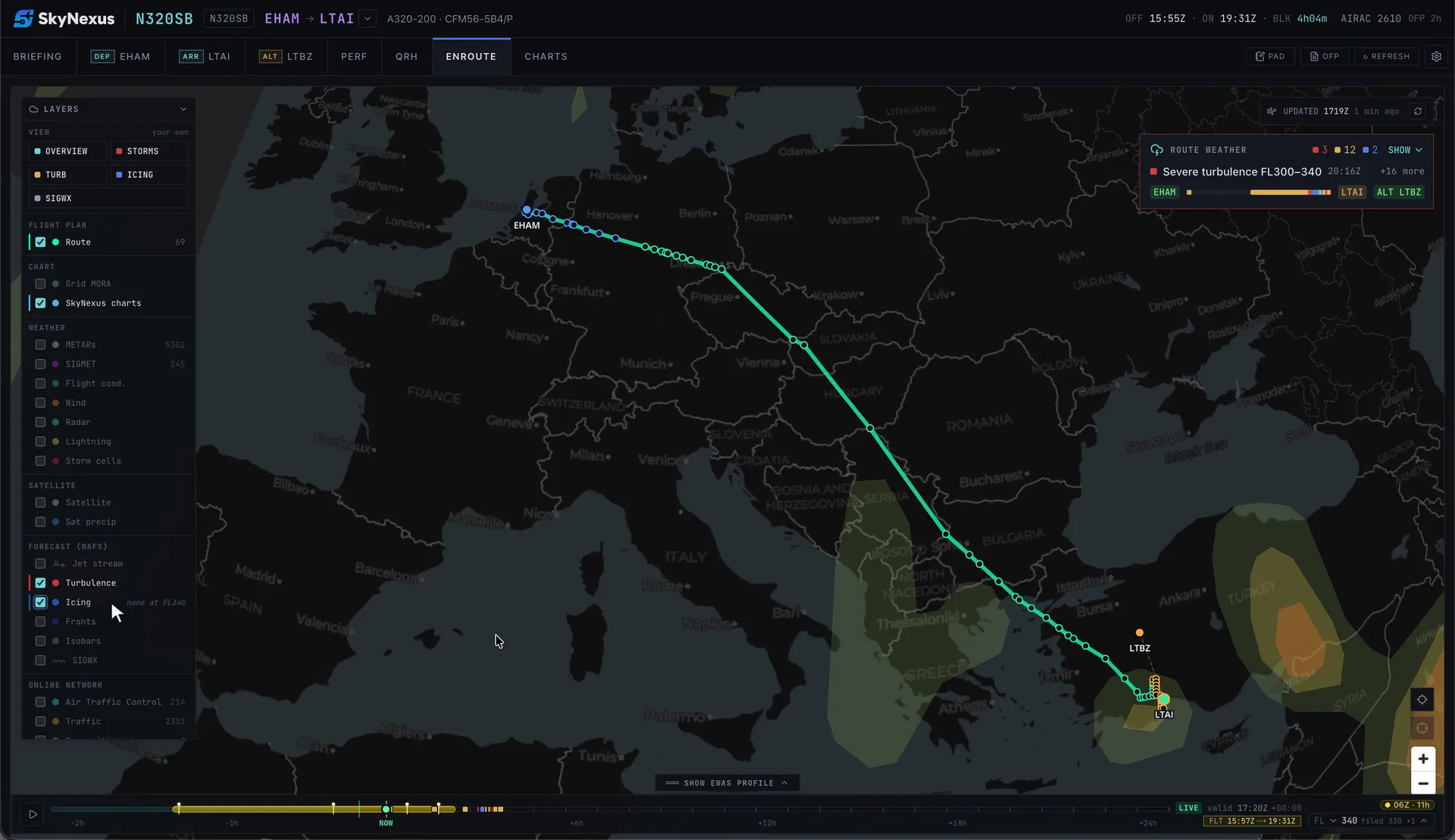 SkyNexus enroute map with the turbulence layer on at the cruise level, showing areas of moderate and severe turbulence over Greece and Turkey along the route from Amsterdam to Antalya