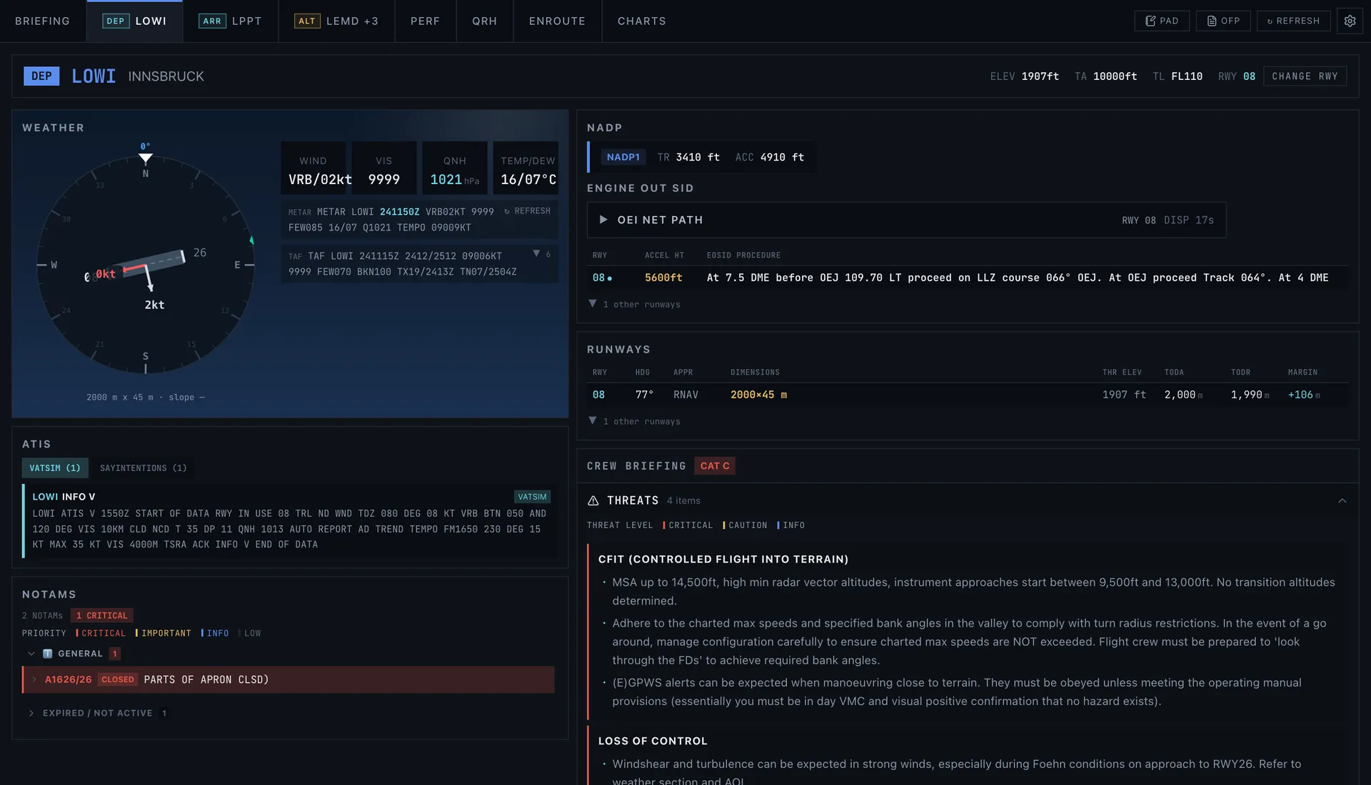 Airport page in SkyNexus EFB with weather per runway