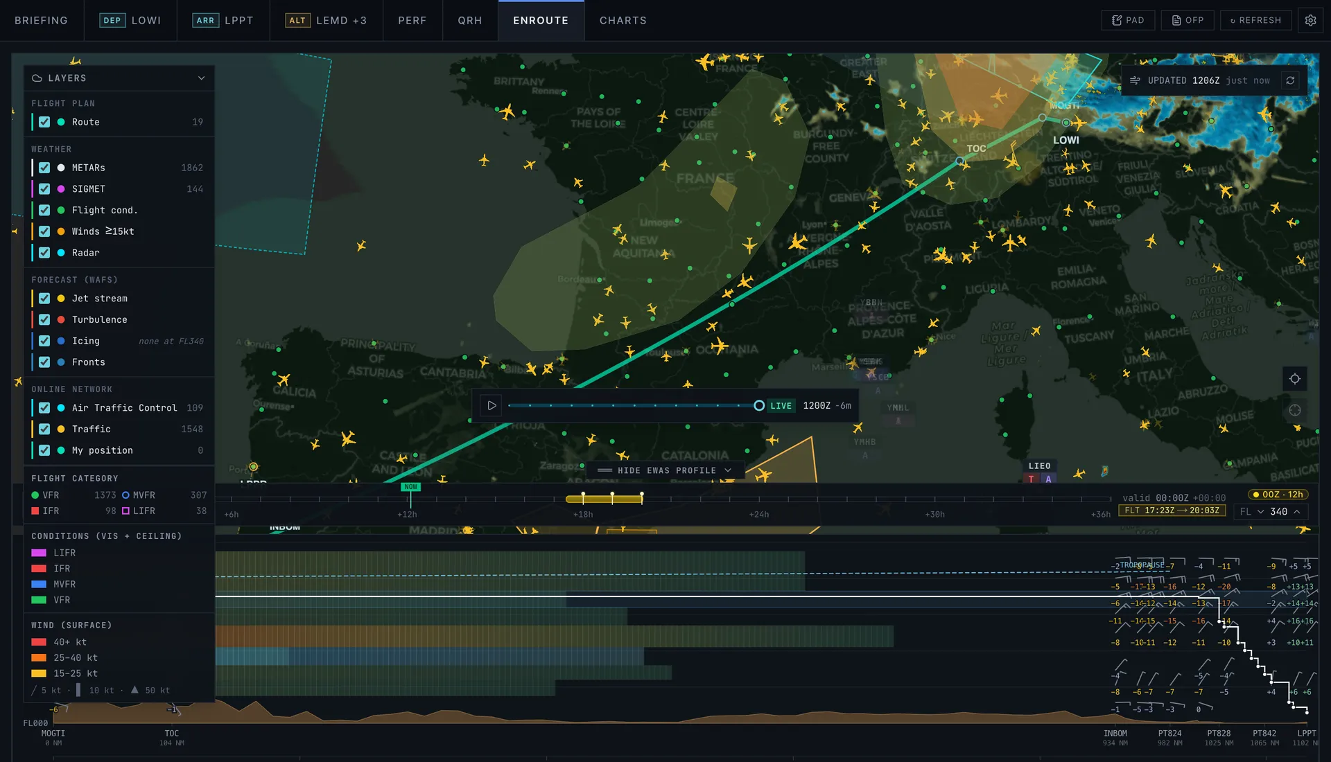 SkyNexus EFB enroute map with weather along the route