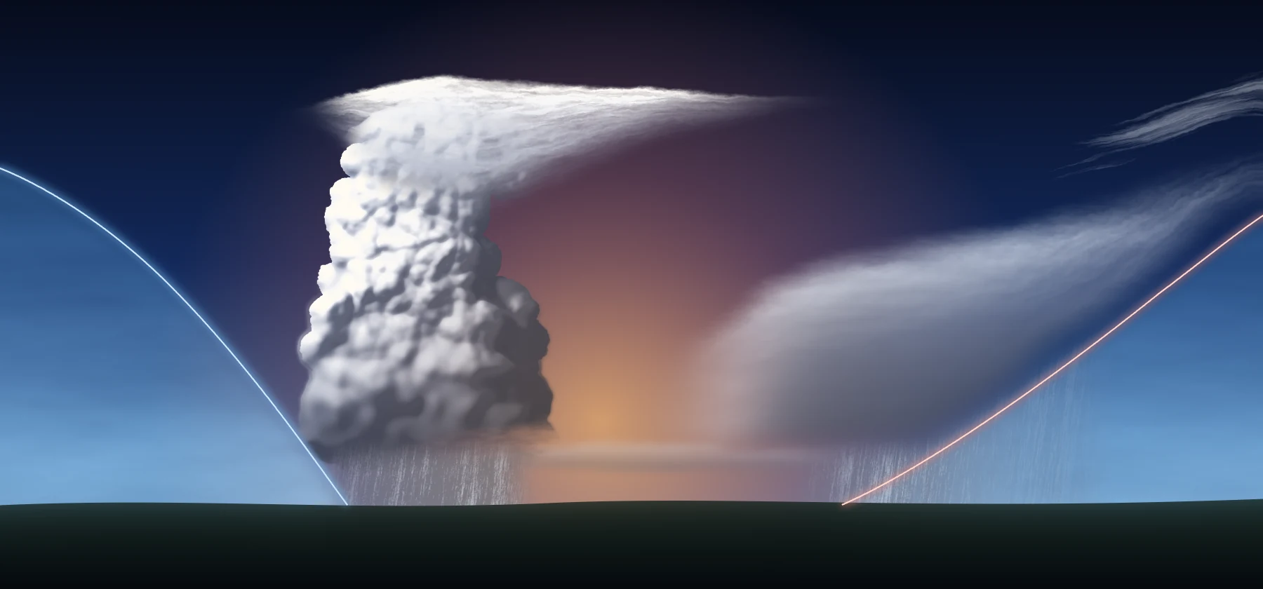 Cross-section of a low-pressure system moving to the right. On the left, cold air wedges under warm air at a cold front and pushes up a tall cumulonimbus with an anvil at the tropopause. On the right, warm air slides up a long shallow slope over cold air at a warm front, making a layer that runs from cirrus far ahead down through cirrostratus and altostratus to rain-bearing nimbostratus near the surface front.