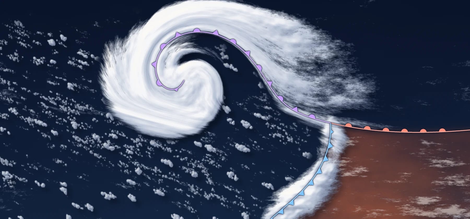 Top view of a mature low. A purple occluded front spirals into the centre, and the warm and cold fronts now meet far from the low, with the warm sector pushed away to the south-east. A dark dry slot curves in between the bands of cloud, and the cloud head has wound into a tight spiral.