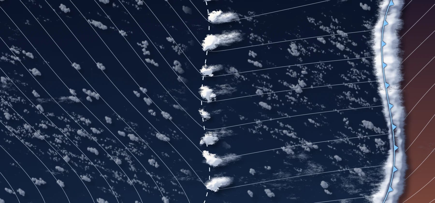 Kinked isobars mark the trough and the showers line up on it. In the cold air behind a cold front, isobars bend sharply along a dashed line, the largest shower cells stand in a row along that bend with plumes blown to the east, and smaller cumulus are scattered around them. The cold front sits at the right edge.