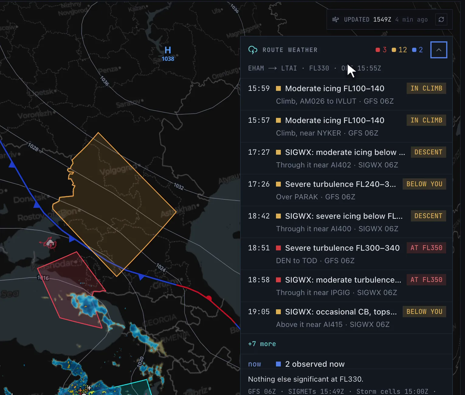SkyNexus route weather list for EHAM to LTAI: moderate icing in the climb, SIGWX icing in the descent, severe turbulence below and at the cruise level, and two observed items