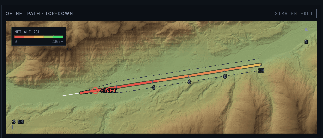 A320 engine-out procedure drawn over terrain in SkyNexus EFB
