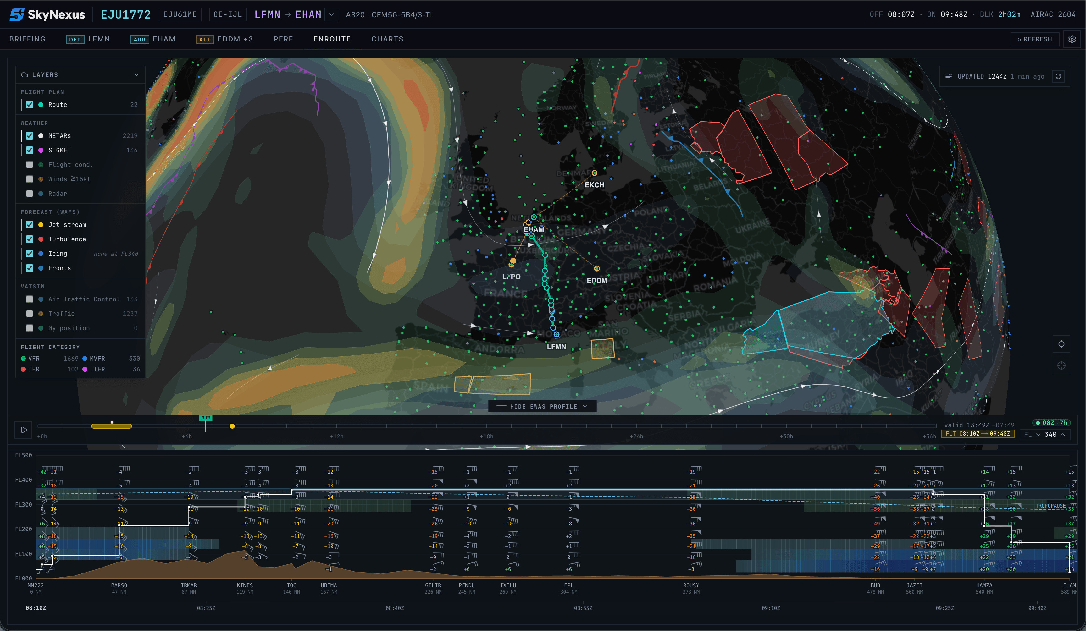 Route-aware eWAS-style weather forecast in SkyNexus EFB — jet stream, turbulence and icing polygons over a planned route with the vertical cross-section open