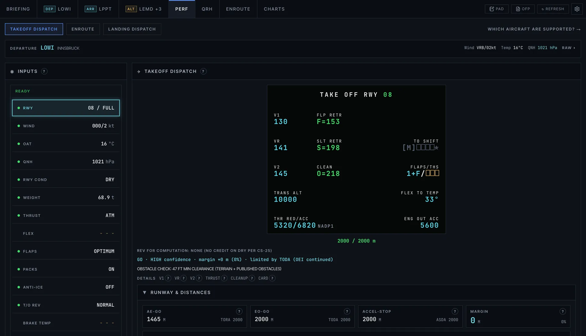 A320 takeoff performance page in SkyNexus EFB