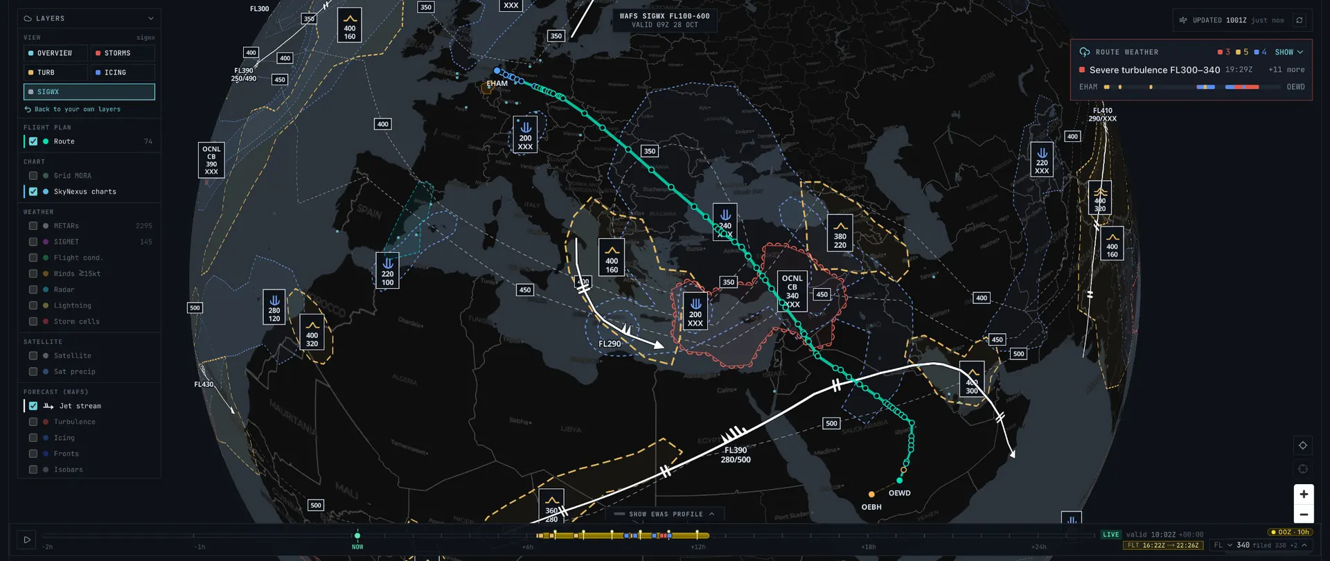 WAFS SIGWX chart on the SkyNexus EFB enroute map over a flight from Amsterdam to Jeddah, with CB, turbulence and icing areas, label boxes and jet streams